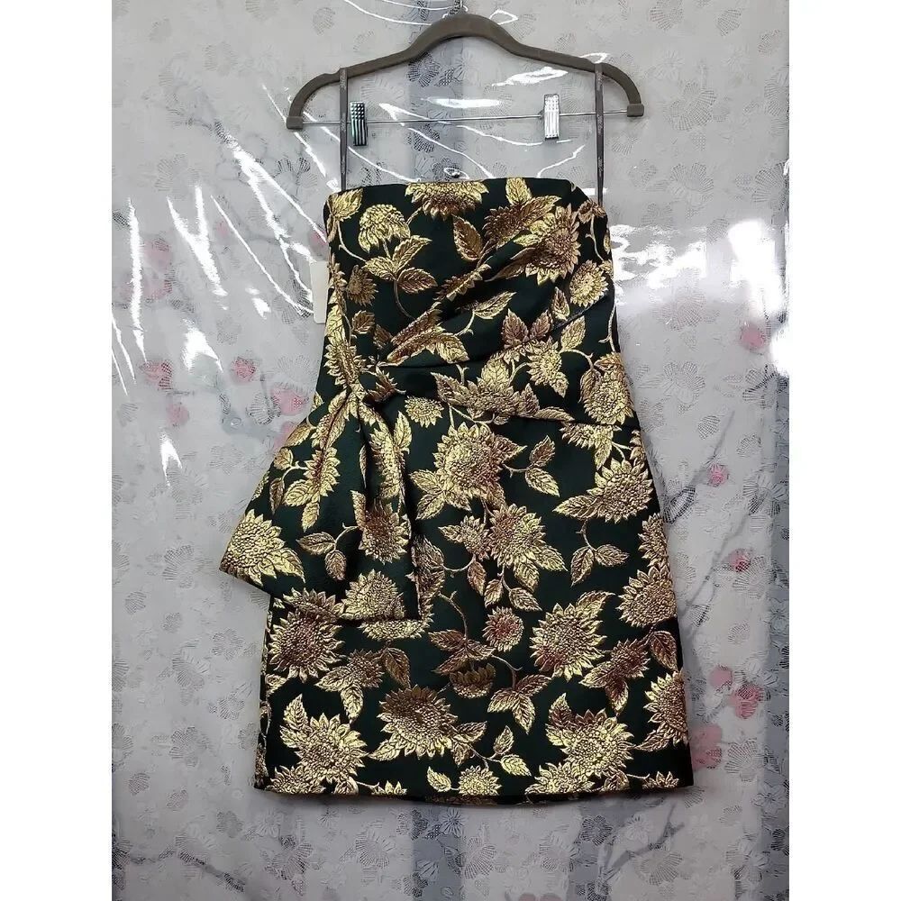 Lela Rose Nwt Forest Green & Gold Floral Jacquard Strapless Mini Dress Size 10